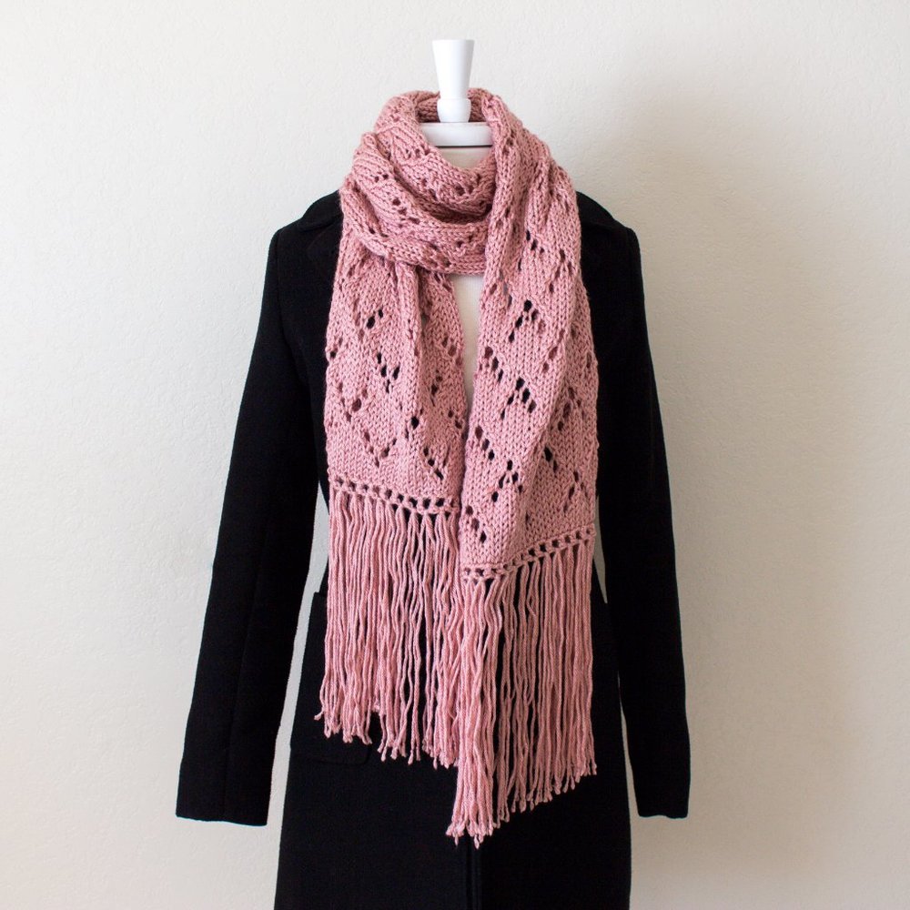 Hand Knit Boho Fringe Scarf for Women, Lace Knit Thick Soft Scarf Fall Winter